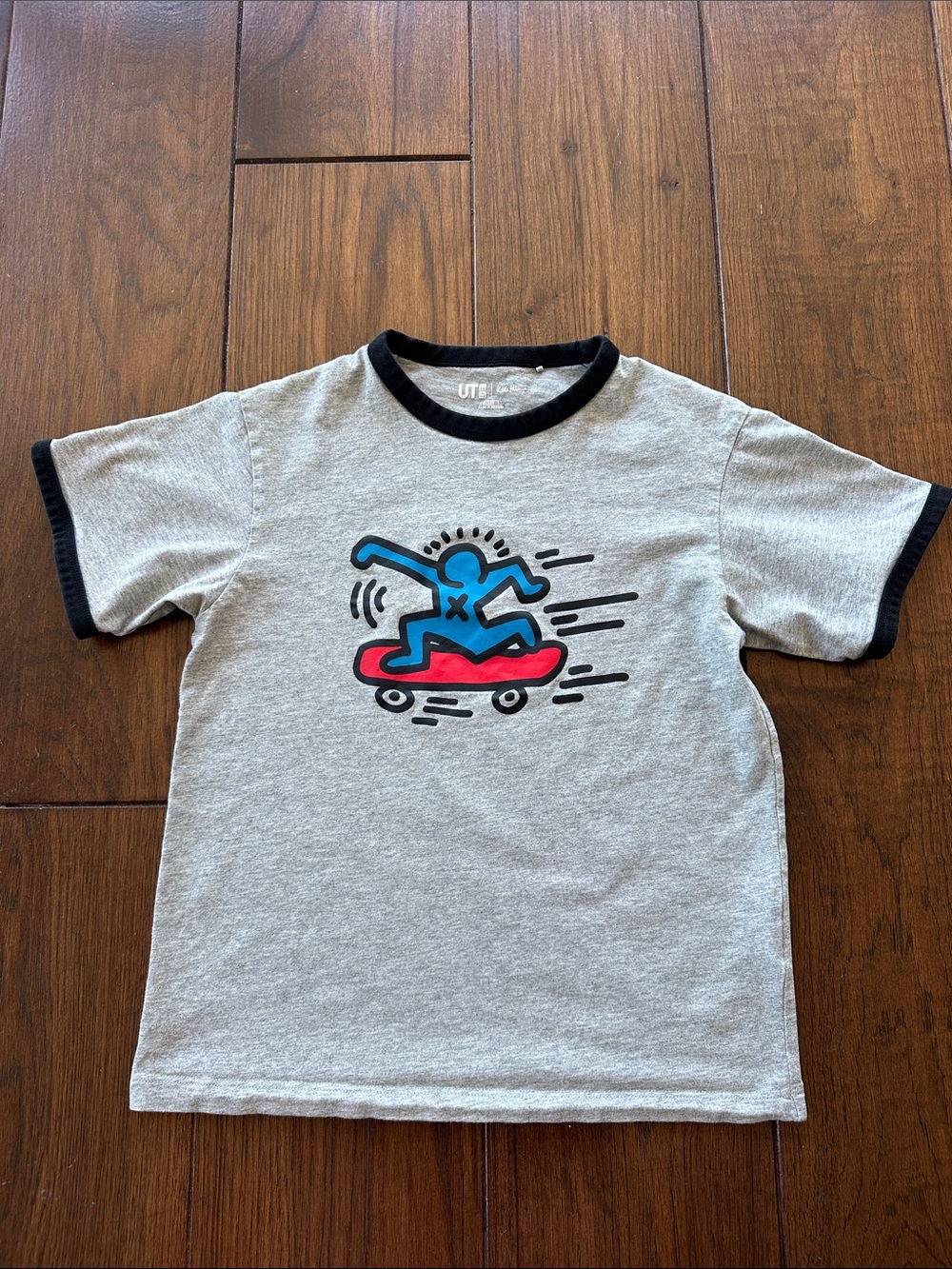 Uniqlo Kids Grey Ringer Tee with Blue & Red Skate Graphic